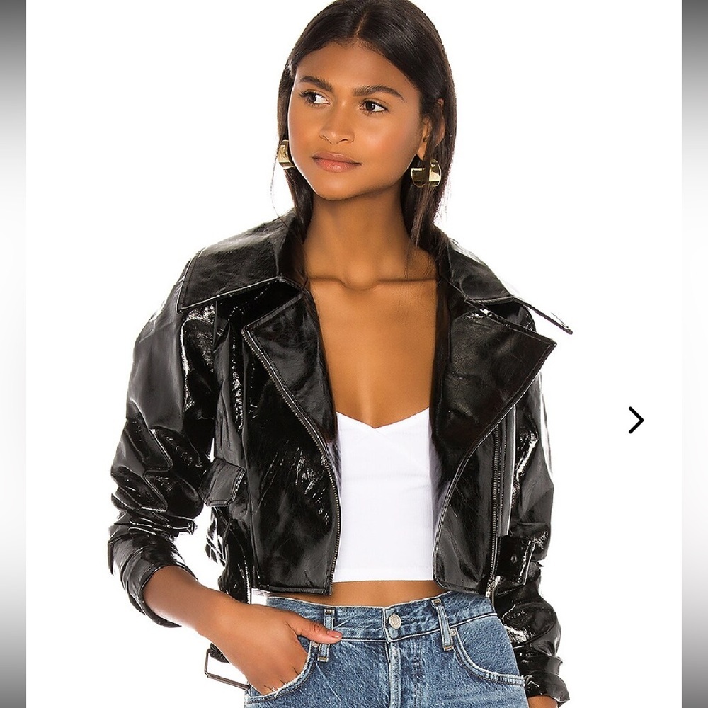 Lovers + Friends Emilia Crinkle Leather Moto Jacket Cropped XS $278